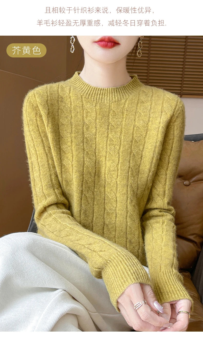 Frauen 100% Merino Wolle Verdickung Pullover Oansatz Gestrickte Twisted Pullover Herbst Winter Kaschmir Langarm Kleidung Basis Tops