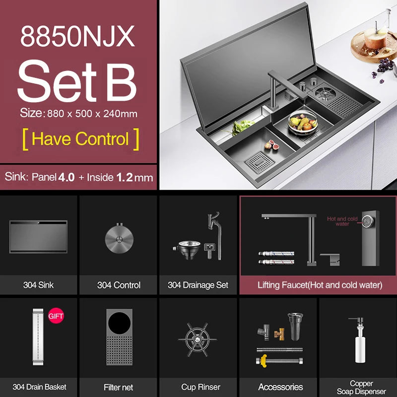 ASRAS Nanometer Black Flip Cover Hidden kitchen Sink 304 Stainless Steel 4mm Thickness Handmade Stepped Sinks Cup Rinser Sinks