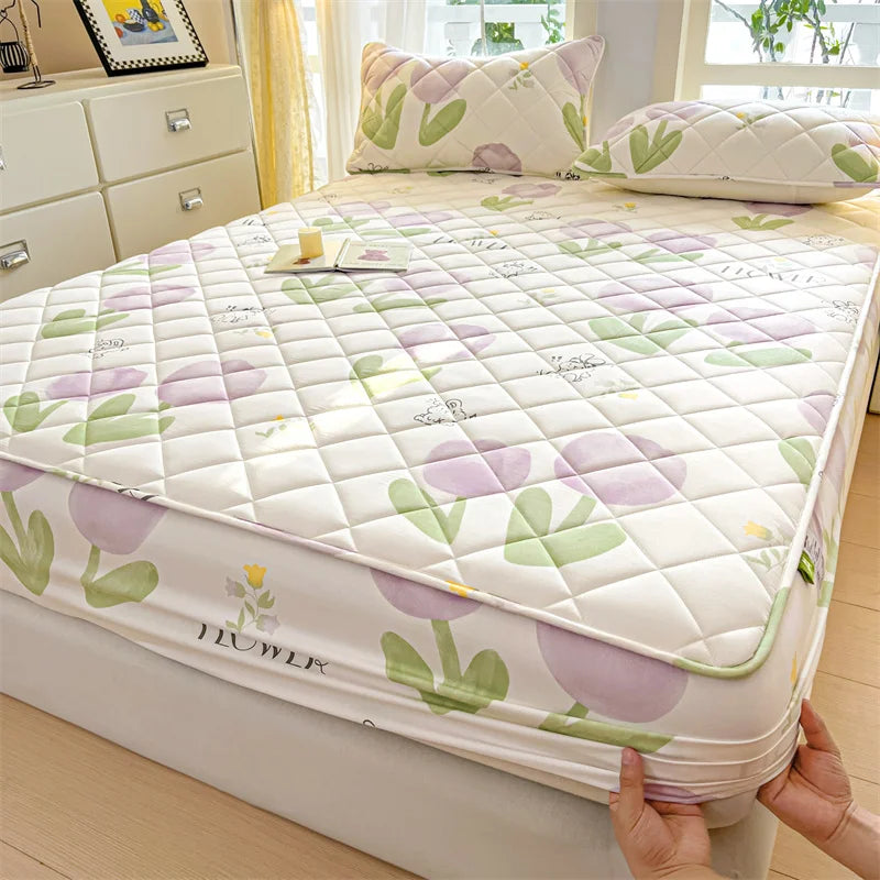 1pc Floral Style Bed Cover Quilted Bedspread Non-slip Mattress Protector Adults Kids Room Bedsheets 매트리스 커버 (No Pillowcase).