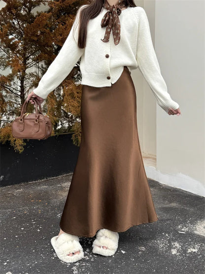 High Waist Women's Fleece-Lined Thickened Elegant Long Skirt Satin Mermaid Skirt Elegant Drapey Bodycon Skirt For Autumn Winter