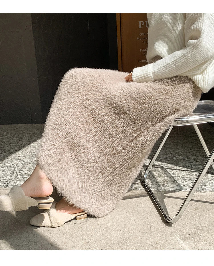 Autumn Winter New Knit Long Skirt Women Casual Thick Korean High Waist Soft A-Line Skirt.
