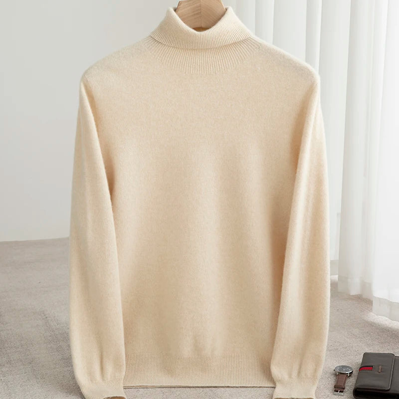 Men 100% Merino Wool Sweater Turtleneck Knitted Pullover Cashmere Warm Solid Color Clothes Business Bottoming Tops Autumn Winter.
