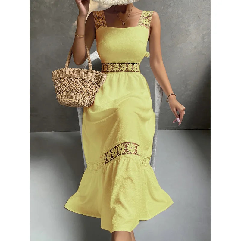 Weiße Lange Kleid Frauen Sommer Sexy Sleeveless Backless Maxi Kleider Damen Elegante Hohle Heraus Spitze Kleid Boho Sommerkleid Vestidos