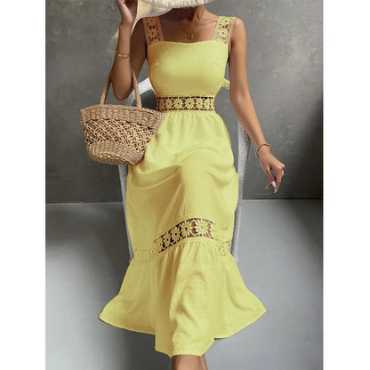 Weiße Lange Kleid Frauen Sommer Sexy Sleeveless Backless Maxi Kleider Damen Elegante Hohle Heraus Spitze Kleid Boho Sommerkleid Vestidos