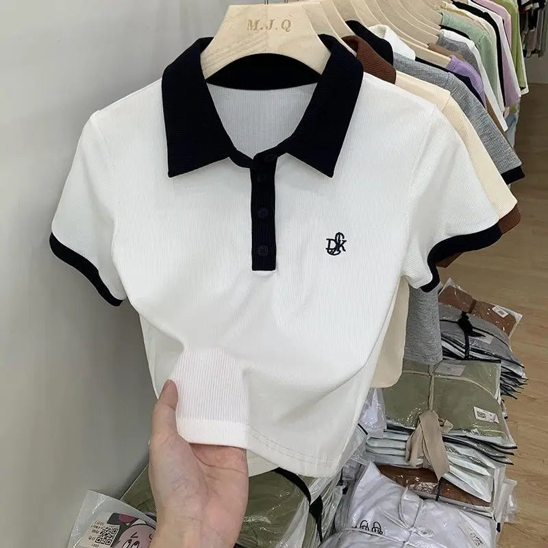 Women's Polo Neck Tee Shirts Dry Fir Top High Quality Pullover Short Sleeve T Shirt Wholesale Aesthetic Y2k Fashion Skinny White.