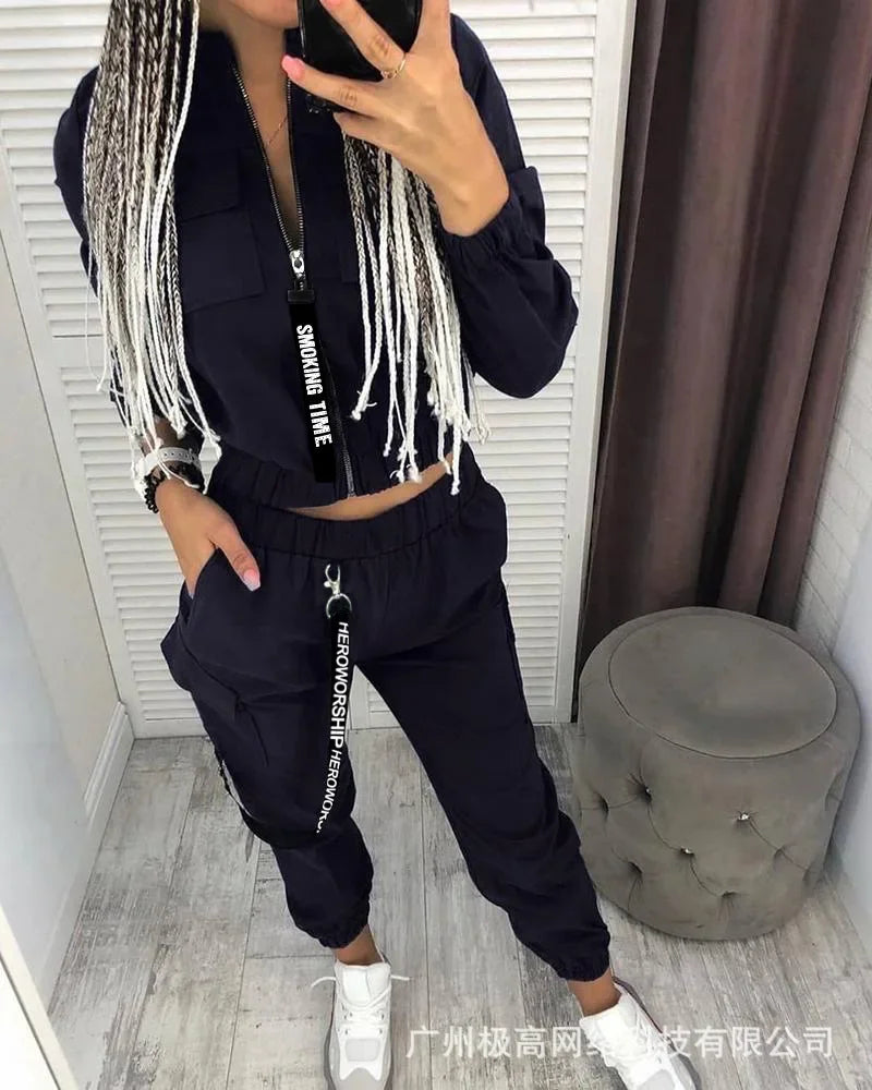 New Women Fashion Casual Autumn Winter 2pcs Clothes Set Pockets Zipper Long Sleeve Top Elastic Waist Pants Cargo Solid Color.