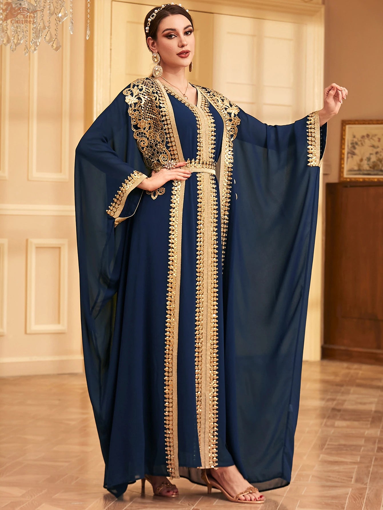 Ramadan Sequins Dubai Abayas Arab Tunics Batwing Sleeve Dresses For Women Gala Two pieces Moroccan Elegant Kebaya.