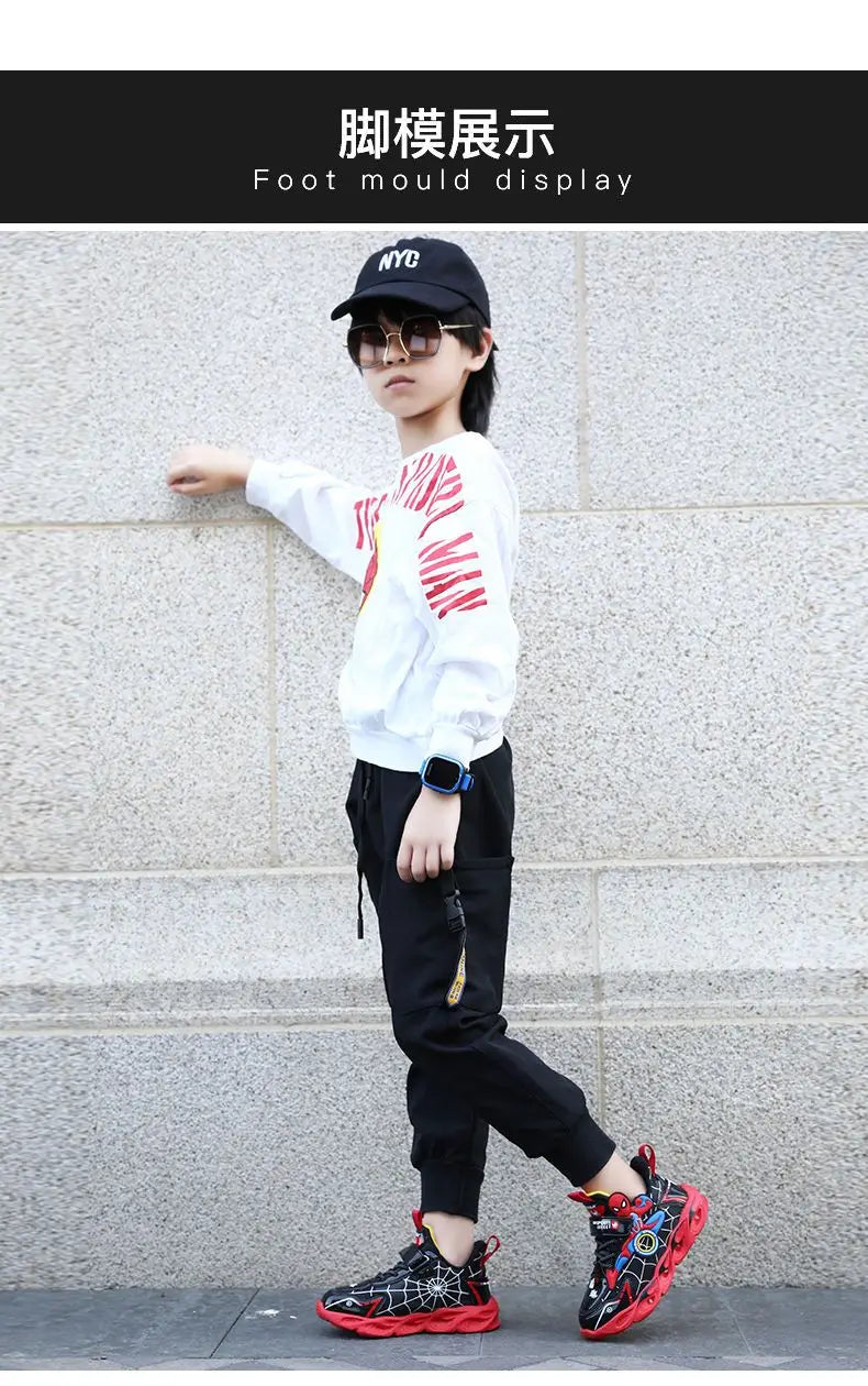 Disney Boys Shoes LED Lights Cartoon Autumn Children's Sports Shoes Leather Non-slip Children's Running Shoes Sneaker Size 25-35.