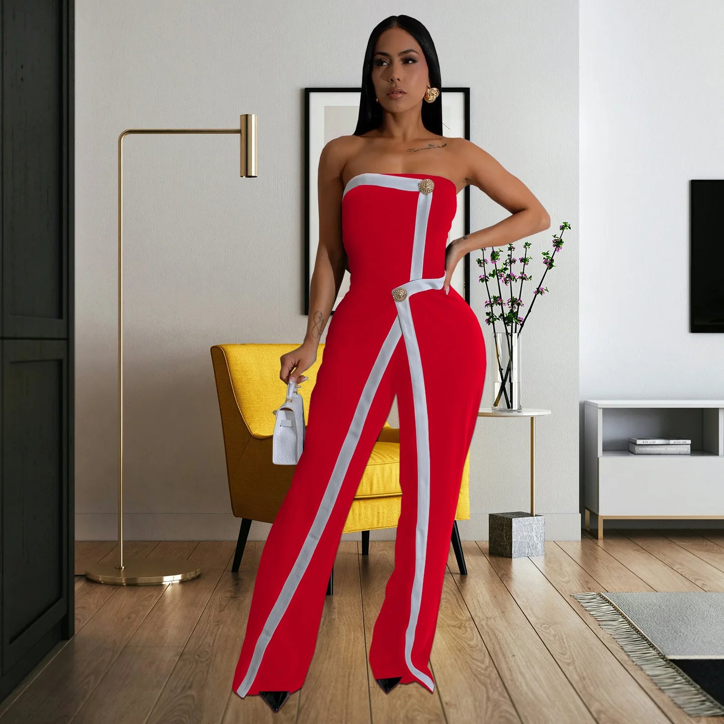 Elegant Sleeveless Wrap Chest Women's Button Strapless Irregular Jumpsuits 2025 One PieceWide Leg Outfits Night Club Streetwear.