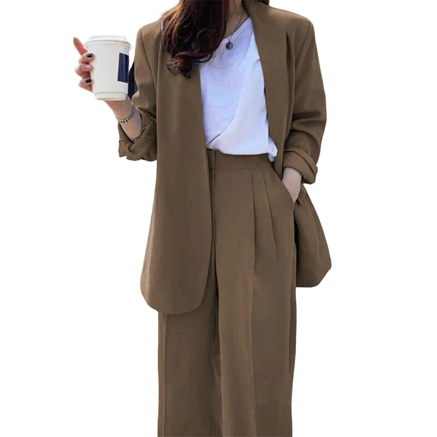 Wide Leg Suit Pants Set Elegant Women Business Suit Set Cardigan Jacket High Waist for Professional Lady Formal Coat Pants Set.