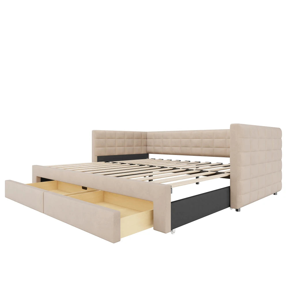 3-in-1 ausziehbares Schlafsofa 90 x 190 cm, Multifunktionsbett mit Schubladen, Einzel-/Doppelbett, Baumwolle und Leinen (Matratze nicht im Lieferumfang enthalten)