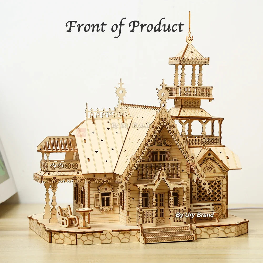 3D Wooden Puzzle Villa House Royal Castle with Light Assembly Toy Kid Adult DIY Model Kits Desk Decoration for Gift.