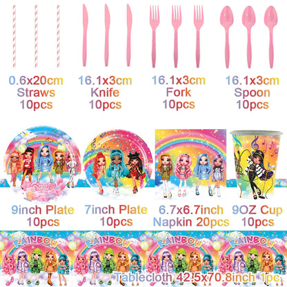 Cartoon Regenbogen Puppe High School Thema Hintergrund Geburtstag Party Dekoration Lieferungen Einweg Tasse Besteck Ballon Baby Geschenk