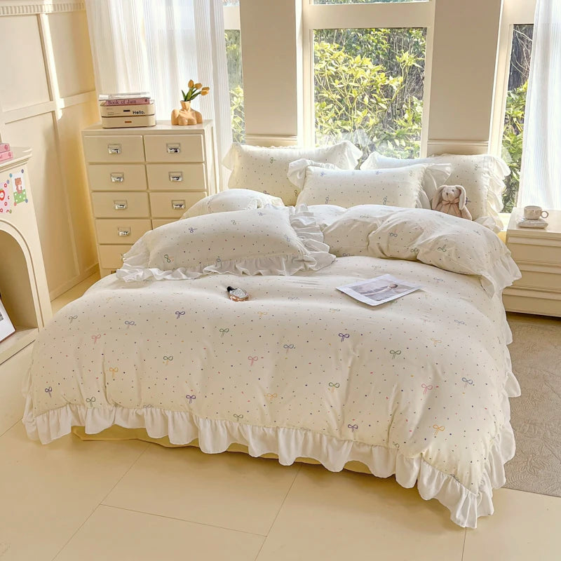 INS Princess 2025 New Style Bedding Sets Sweat Bow Quilt Cover Romantic Bedclothes Decor Woman Bedroom Duvet Cover Set 4pcs.