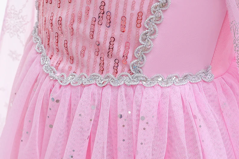 Mädchen rosa Pailletten Mesh Prinzessin Kleid, Mesh kurze Ärmel, mit Umhang, geeignet für Party, Tanz, Performance, Karnevals kleid.