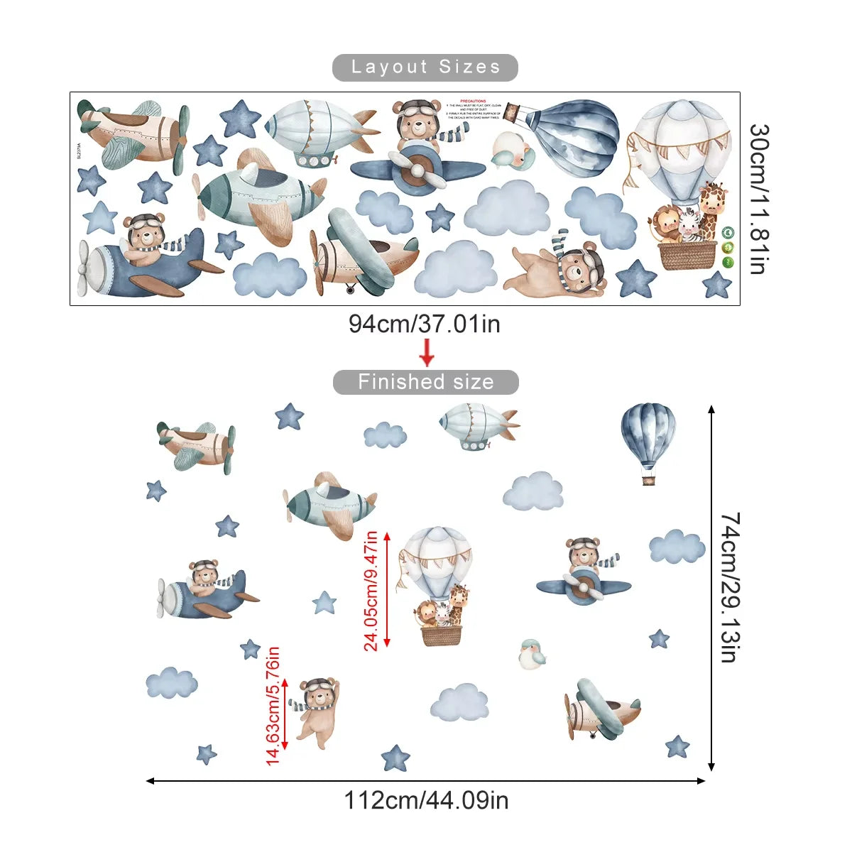 Cartoon Hot Air Balloon Animals Bear Rabbits Wall Stickers for Child Room Boy Room Decoration Nursery Baby Room Decoration Decal.