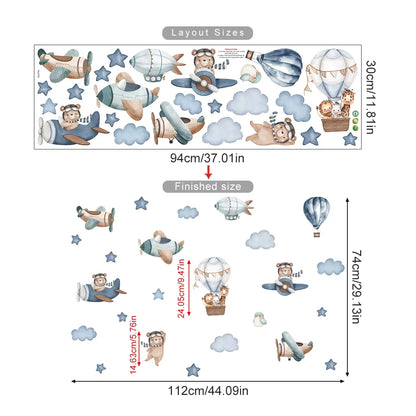 Cartoon Hot Air Balloon Animals Bear Rabbits Wall Stickers for Child Room Boy Room Decoration Nursery Baby Room Decoration Decal.