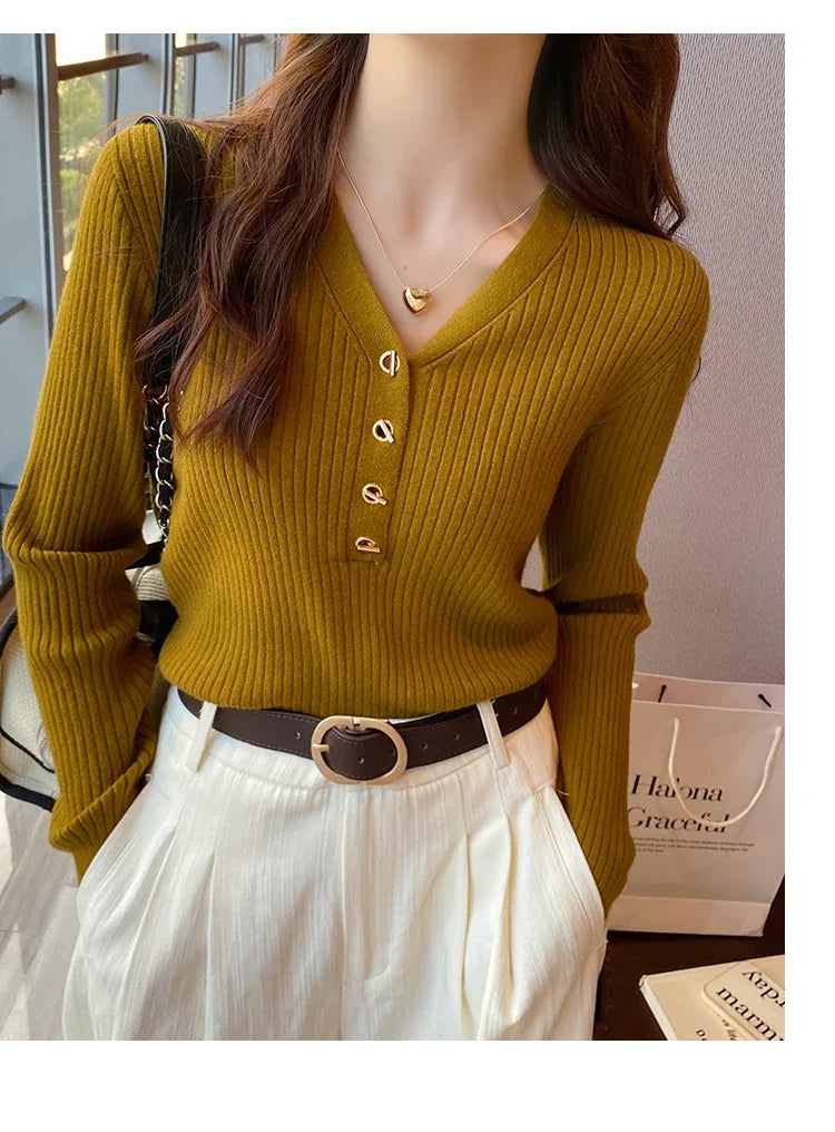 2023 herbst Winter Frauen Pullover Beiläufige Dünne Taste Gestrickte Pullover Pullover Femme Grundlegende Solide Jersey Tops Mode Kleidung