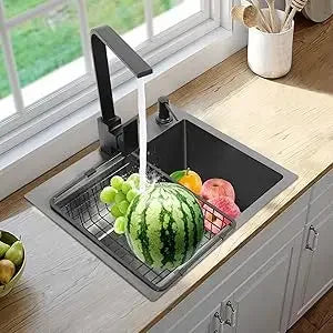 Edelstahlspüle 40 x 45 cm, schwarze Küchenspüle mit Spültischarmatur, 1 x 45 cm, Unterschrankspüle W | Abtropfbrett und Sieb