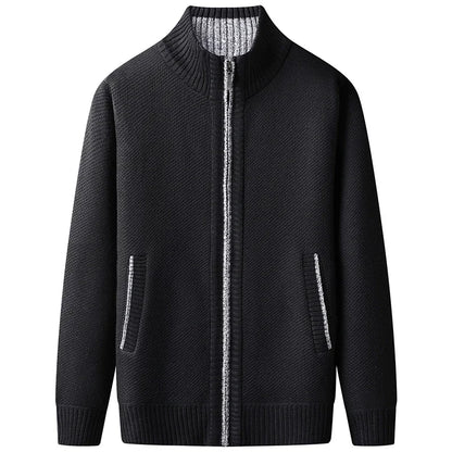 New Men's Casual High Collar Long Sleeve Knitted Top with Velvet Warmth for Autumn and Winter Fashion Multi Functional Jacket