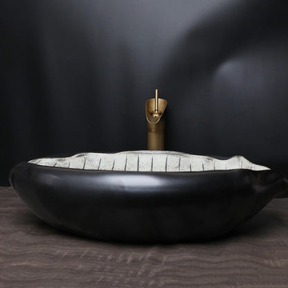 KEMAIDI Art Keramik-Badezimmerwaschbecken-Set, Waschbecken im Blatt-Stil mit Wasserfall, Antik-Messing-Wasserhahn und Abfluss, hochwertige Waschbecken aus Porzellan