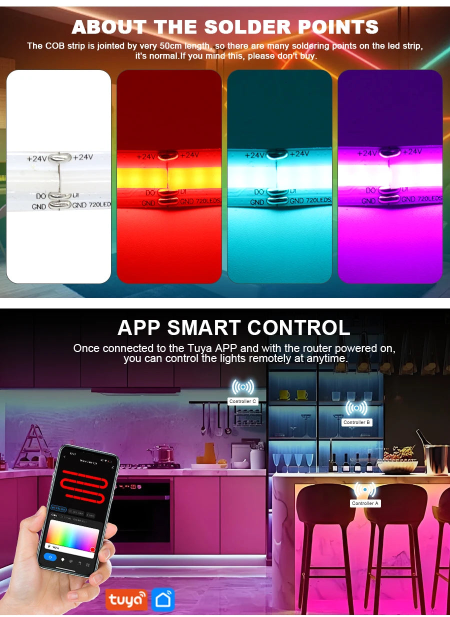 1-25M RGB Addressable COB LED Strip Light 24V WS2811 Pixel LED Strip Tuya WiFi RGBIC LED Ribbon Light Kit For TV Room decoration.