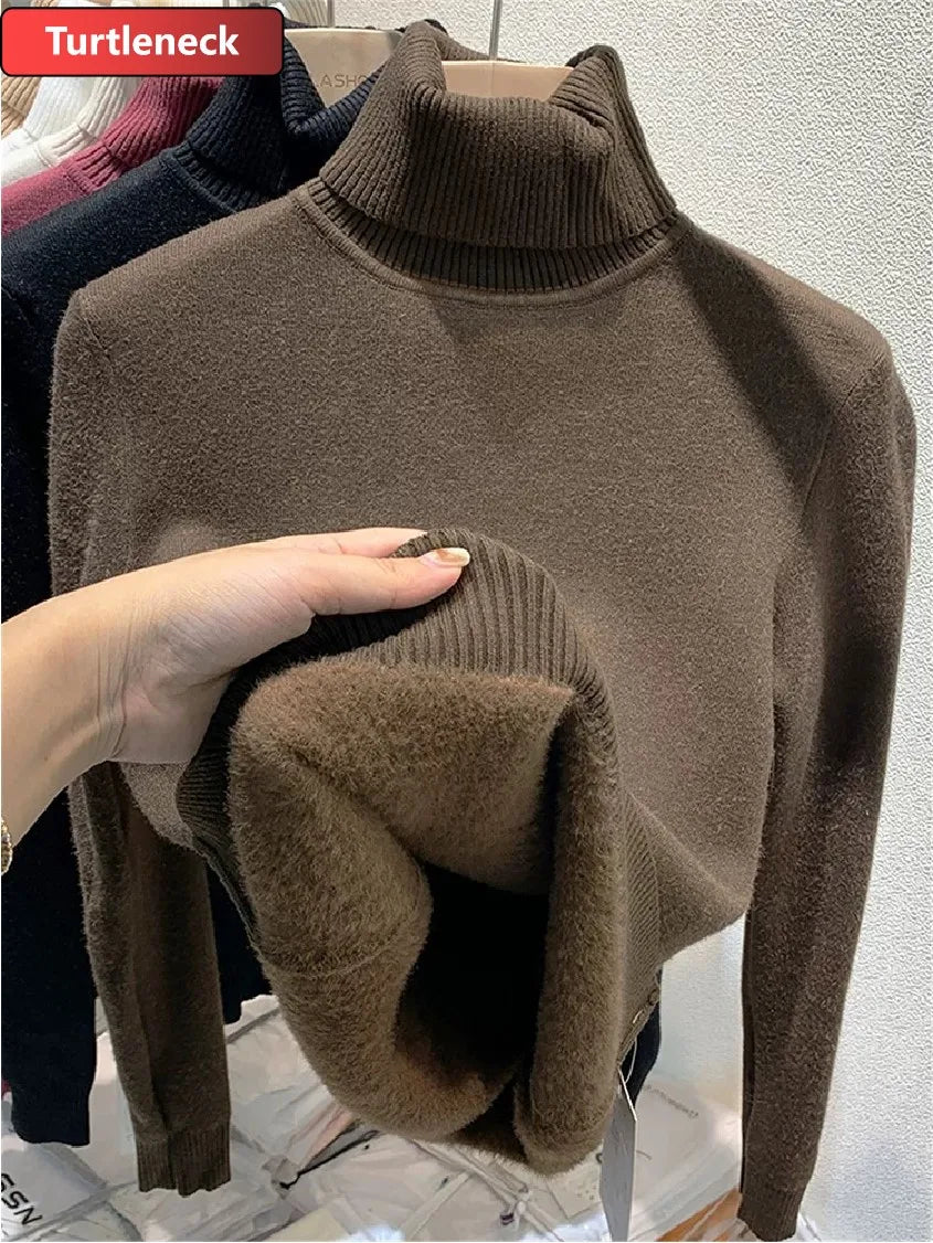 Verdicken Samt Rollkragenpullover Frauen Koreanische Mode Gefüttert Warme Sueter Gestrickte Pullover Schlank Top Winter Jersey Strickwaren Jumper