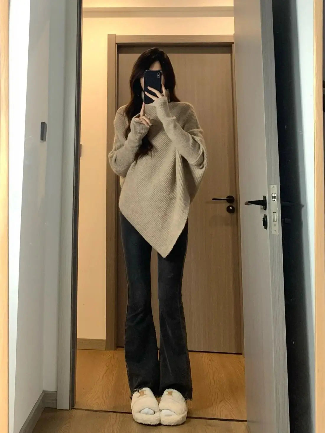 Herbst Winter Neue Frauen Pullover Koreanische Mode Chic Casual Rollkragen Solide Asymmetr Lose Batwing Hülse Pullover Gestrickte Tops.