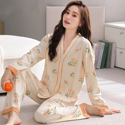 Herbst Winter Pyjamas Set für Frauen Kawaii Druck Nachtwäsche Anzug für Mädchen Mode Restlong Ärmel V-Ausschnitt Frau Pyjamas Set.