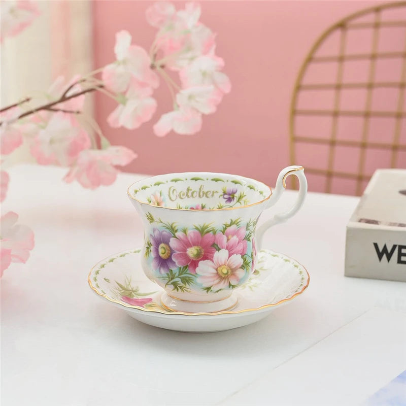 Coffee Cup and Saucer Set Month Flower Mug Bone China Drinking Set Ceramic Cup and Saucer Home Teacup Dessert Saucer Gifts.