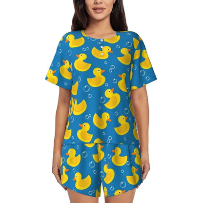 Benutzerdefinierte Frauen Gelb Klassische Gummi Ente Pyjamas Set Gedruckt Zwei-stück Pj Sets Kurzarm Nachtwäsche Loungewear