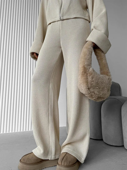 Knit Women 2 Piece Outfit Round Neck Zipper Loose Cuffs Cropped Coat For Lady Sporty Elatic Waist Autumn Female Wide Leg Pants