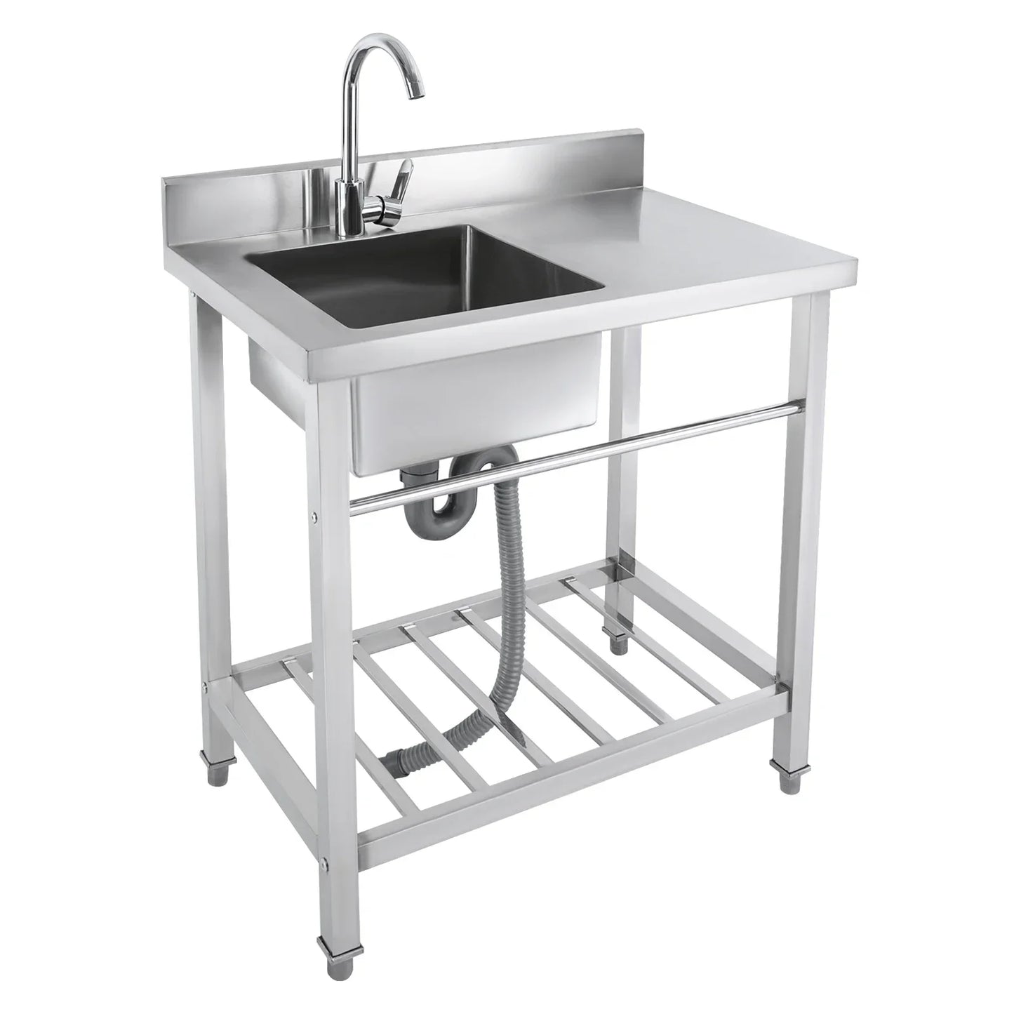 Kitchen Sink with Base Cabinet, Stainless Steel Sink 80 cm Wide with Trim, Freestanding Sink with Tap, Drain Hose, Kitchen Sink