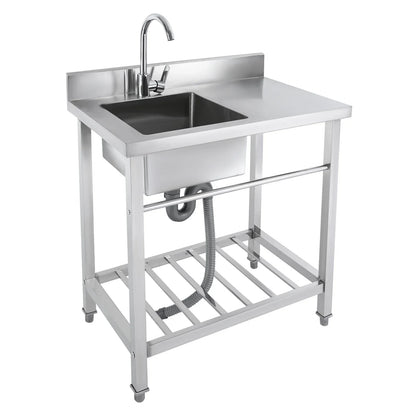 Kitchen Sink with Base Cabinet, Stainless Steel Sink 80 cm Wide with Trim, Freestanding Sink with Tap, Drain Hose, Kitchen Sink