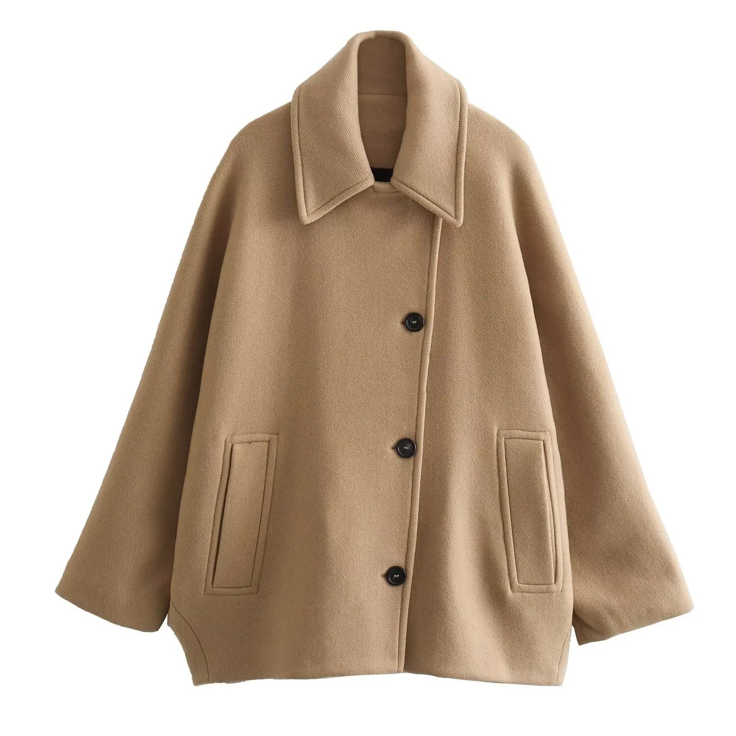 ZBZA Damen Schräge Knopf Lose Fledermausärmel Jacke Mantel Revers Langarm Doppeltasche Warm Solide Farbe Vintage Oberbekleidung Herbst Winter Neue Weibliche Chic Mantel