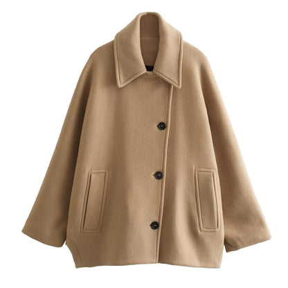 ZBZA Damen Schräge Knopf Lose Fledermausärmel Jacke Mantel Revers Langarm Doppeltasche Warm Solide Farbe Vintage Oberbekleidung Herbst Winter Neue Weibliche Chic Mantel