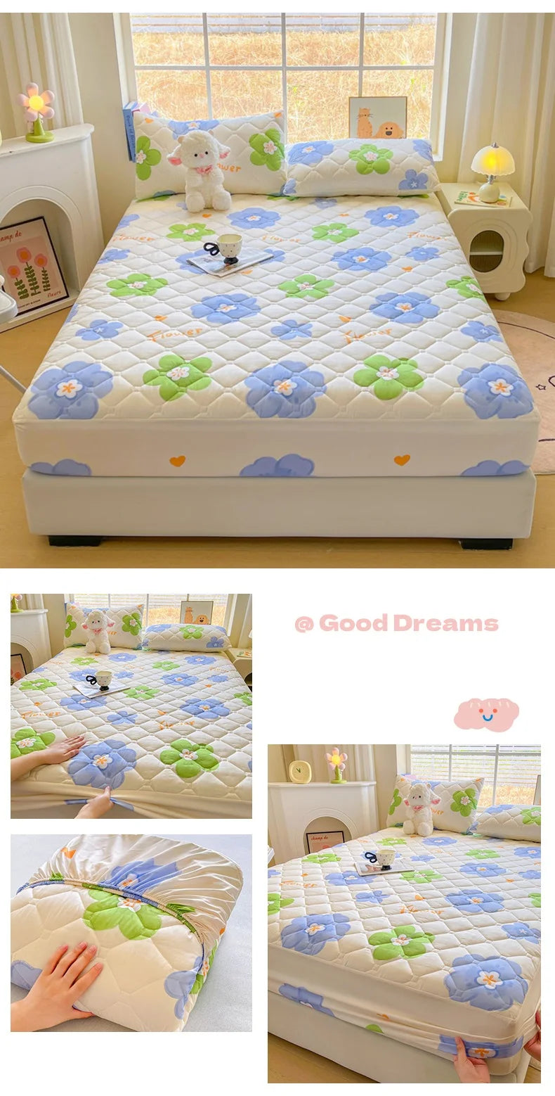 1pc Quilted Bed Cover Floral Style Bedspread Thicken Soft Bed Linen Elastic Mattress Protector cubre colchón (No Pillowcase).