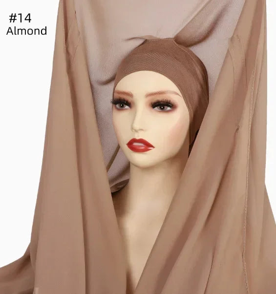 Chiffon Instant Hijab With Bulit-in Magnets Muslim Woman Hijab Solid Color Easy To Wear Shawl Wrap With Undercap Famme Headscarf.
