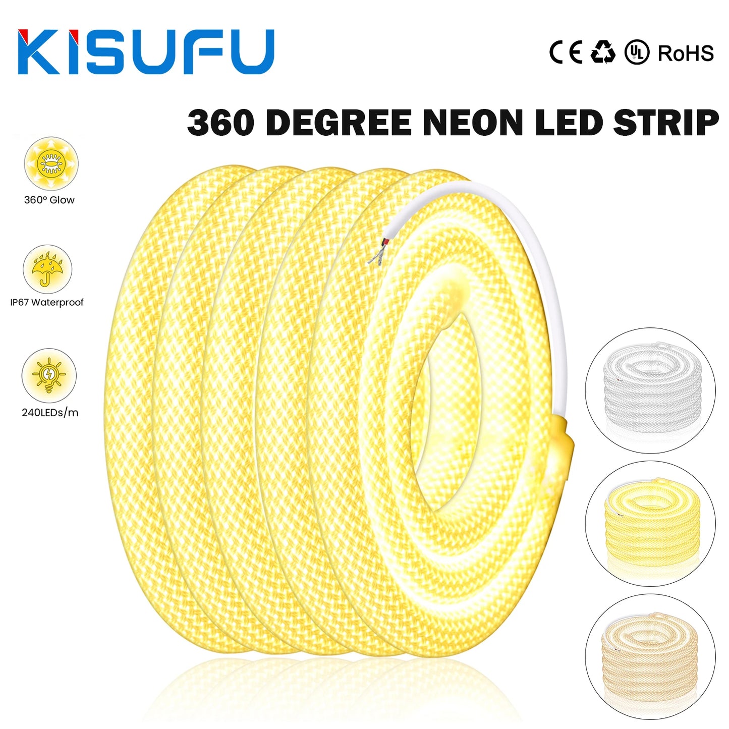 360 Degree Round Reticulate Neon LED Strip DC 12V 24V 240 Leds/m Natural Warm White Waterproof Flexible Silicon Tube Neon Strip.
