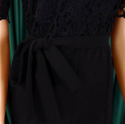 Elegant Jumpsuits & Rompers for Women O Neck Lace Patchwork Short Sleeve Sashes High Waisted Luxury Birthday Party Dinner Outfit