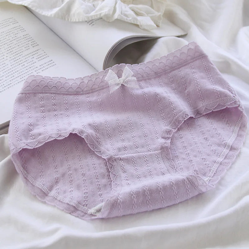 5Pcs/Set Pure Cotton Women's Panties Mid Waist Underpants Elastic Underwear Girls Floral Japanese Sexy Lace Comfort Lingerie.