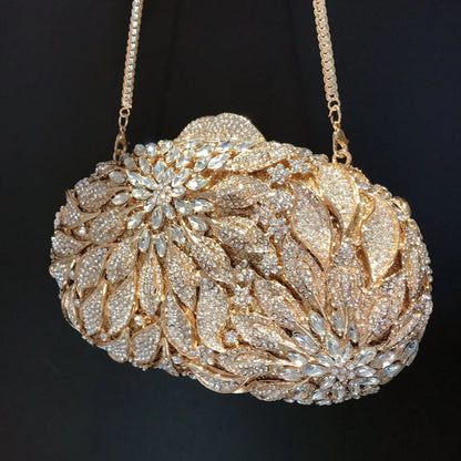 Gold Metal Leaves White Crystals Evening Clutch Bags Luxury Women Wedding Party Purse Ball Handbags Rhinestone Mini heart bag.