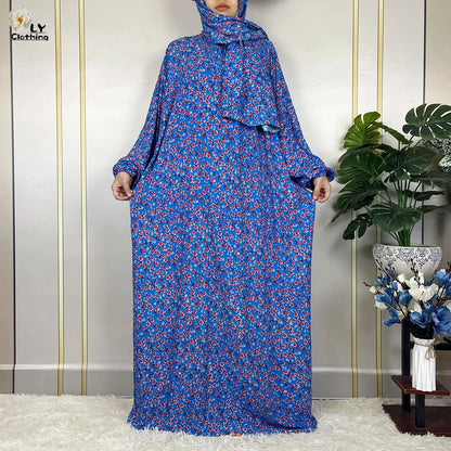 New Muslim Long Sleeved Cotton For Women Ramadan Prayer Turkey Middle East Femme Robe Floral Loose African Abaya Dress Scarfs.