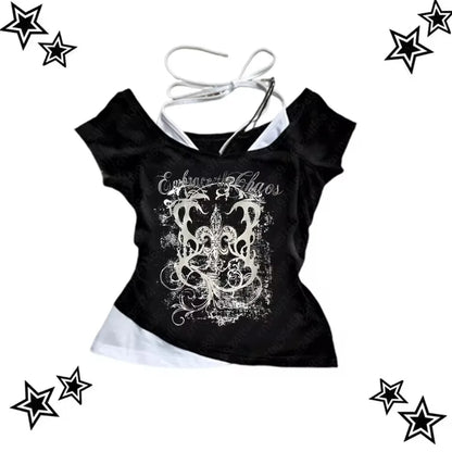 Women's 90s Vintage Punk T-Shirt Summer Streetwear Sexy Short Sleeve Gothic Slim Crop Top Hotgirl Casual Femme Tee Harajuku Y2k.