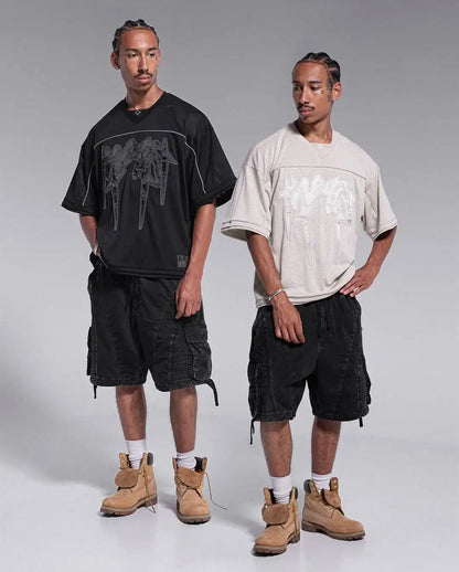 American fashion trend Gothic letter embroidery pattern oversized T-shirt men's retro loose fitting pullover short sleeved shirt.