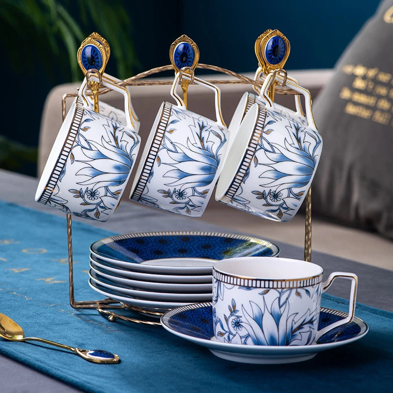 Elegant Cup and Saucer Set Bone China Sugar Jar Milk Jug Coffee Pot Set Cyan Magnolia Home English Mug Teaset Dessert Plate