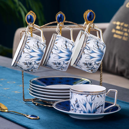 Elegant Cup and Saucer Set Bone China Sugar Jar Milk Jug Coffee Pot Set Cyan Magnolia Home English Mug Teaset Dessert Plate