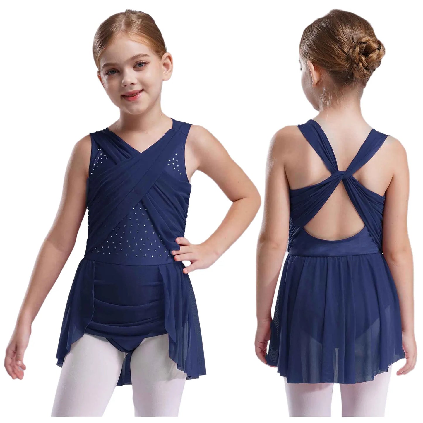 Kinder Mädchen Ärmellose Ausschnitt Strass Eiskunstlauf Trikot Kleid Lyrical Dance Gymnastik Akrobatik Leistung Kostüm