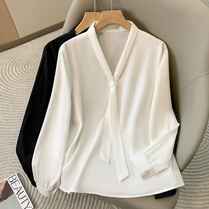 Loose Long Sleeve V-Neck Work Shirt for Women Plus Size Women's Blouses Fashion Versatile Autumn Bow Tops Trendy Business Shirts.