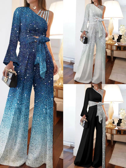 Jumpsuits Women Sequins Splice Wide Leg Pants Casual One Shoulder Irregular High Waist Lace Up Rompers Loose Summer 2024.